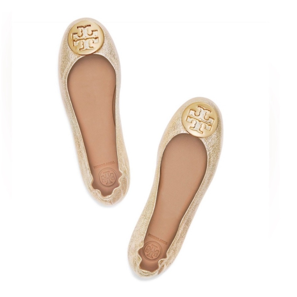 New Tory Burch Minnie Travel Ballet Flats Gold